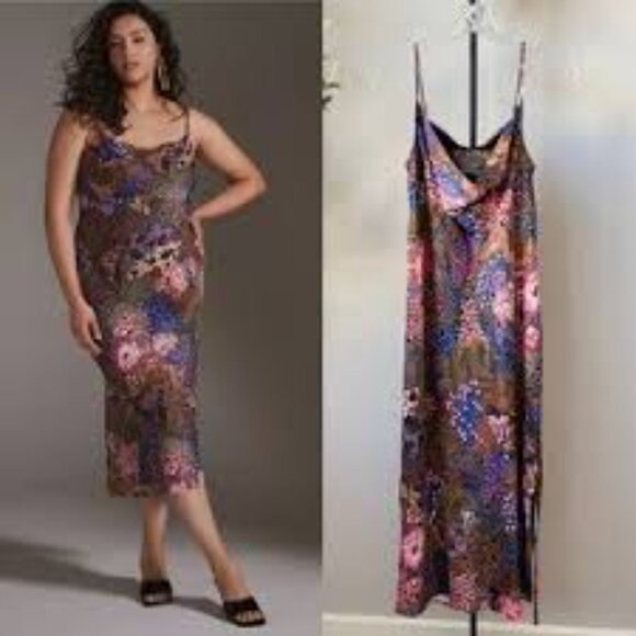 Anthropologie Elyse Luxe Bias Cut Slip Dress Multi Floral Silky ✨ 💃🏻 Medium - Picture 5 of 10